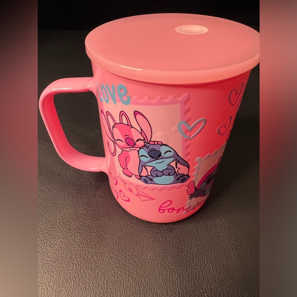 NEW Disney Glass Mug W Lid and Straw Stitch and Angel